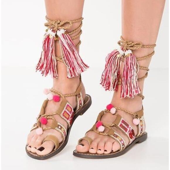 Sam Edelman Red Pink Brown Gretchen Gladiator Tassel Sandals 8 1/2 - Picture 3 of 5